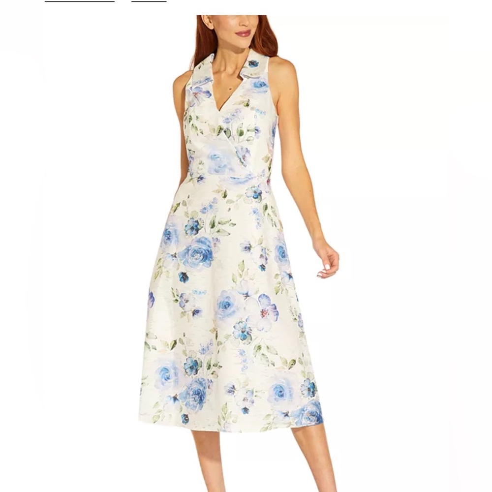Floral Halter Neck Dress - Blue and White